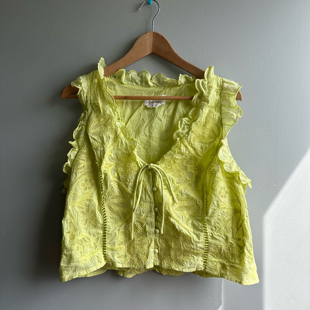 Anthropologie Neon Yellow Ruffle Lace-Trim Tie-Front Blouse